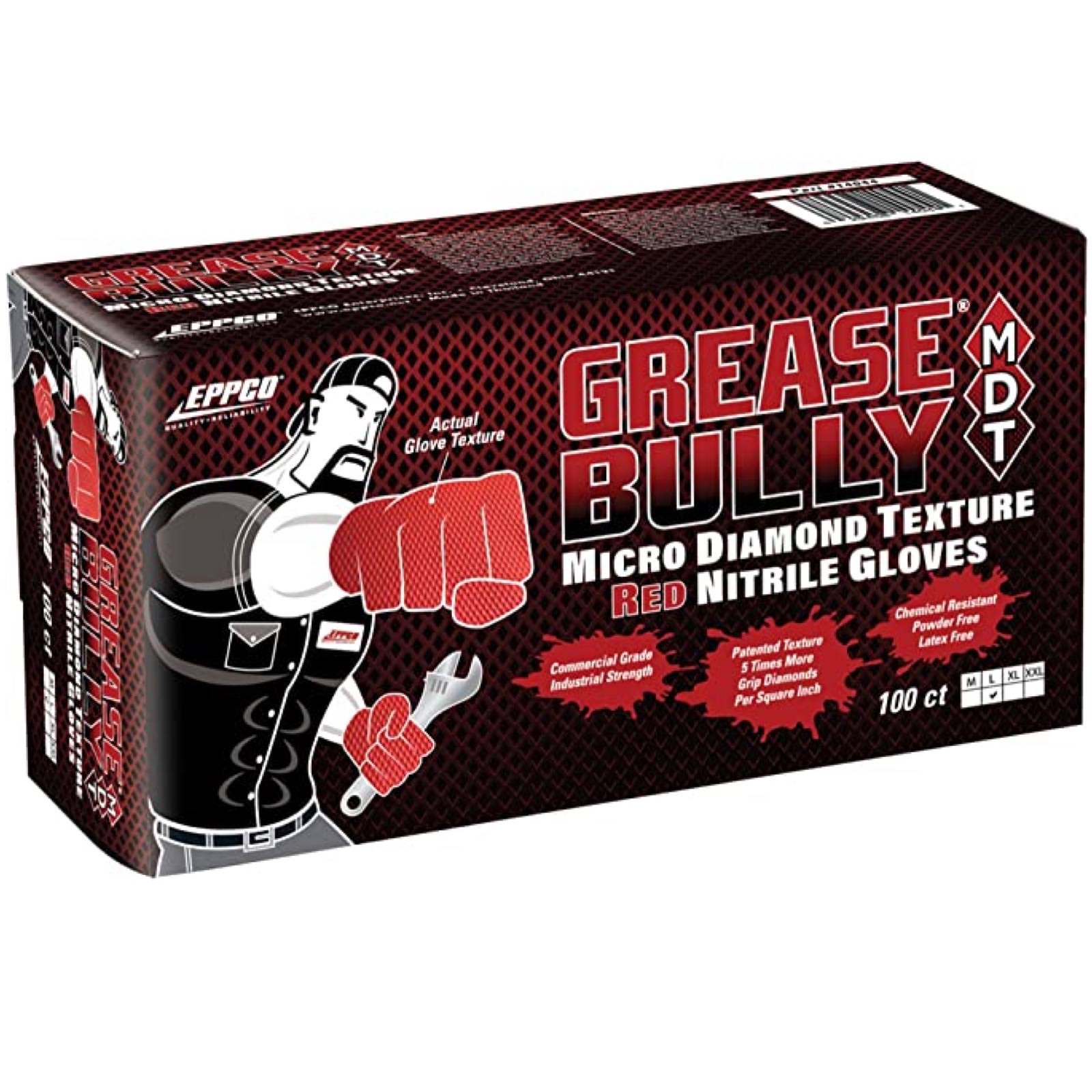 GLOVE, GREASE BULLY RED TEXTURE NITRILE PF 7MIL LARGE 100BX